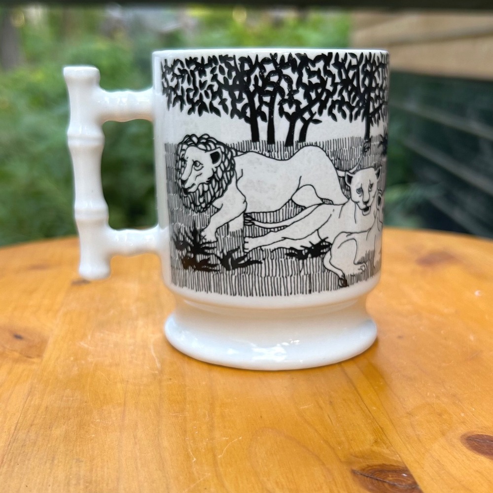 Vintage Lion Mug Bamboo Handle Japan Ceramic Coffee Cup Safari White MCM